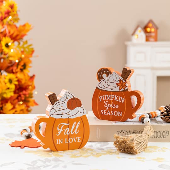 Glitzhome® Set of 2 Fall Wood Pumpkin Coffee Mug Table Decor